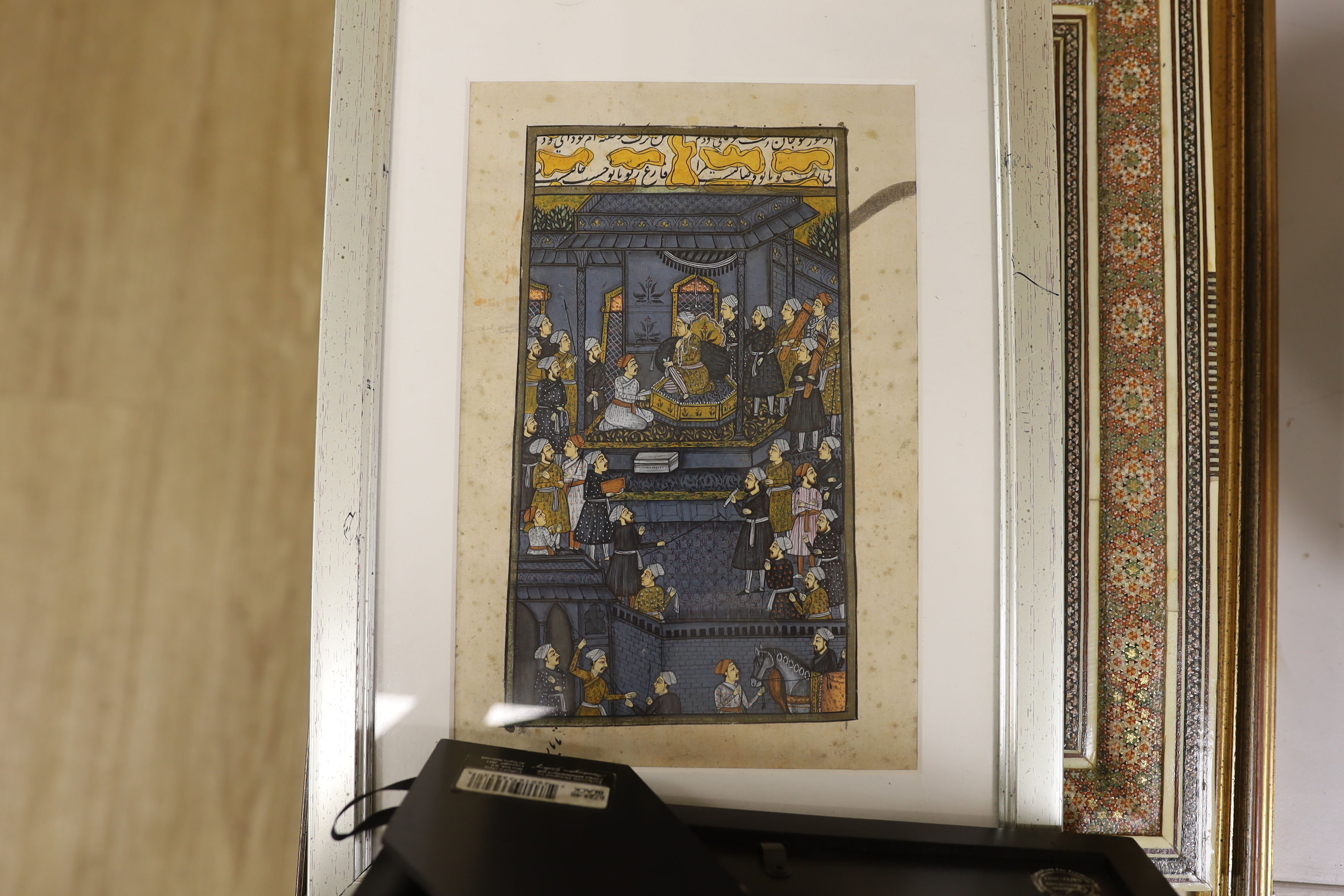 A collection of Persian and Indian illuminations, including processions, emperors and attendants and ink manuscripts, largest 31 x 24cm